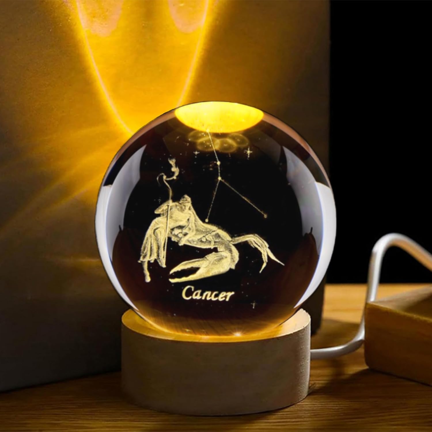 Paper Weight Crystal - 3D-Kristallkugel mit Krebs-Konstellation und hölzerner Lichtbasis,